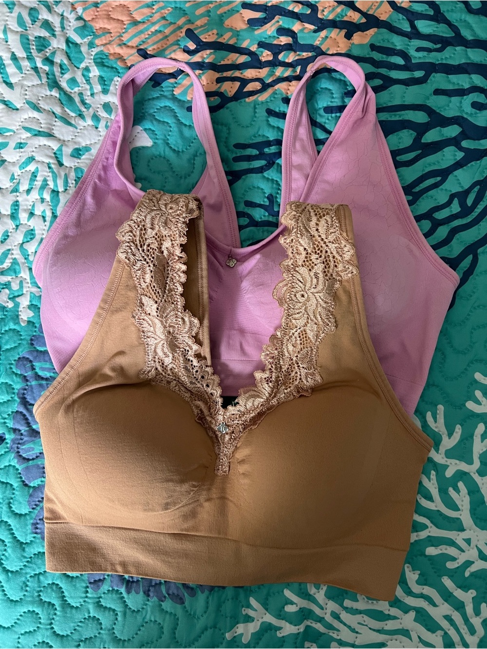 Breezies one Lace-Trim Wireless tan Bralettes and one Pink, no lace